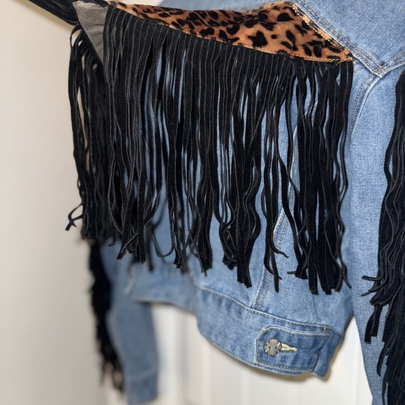 SHEIN Jean Jacket Blue and Black with Fringe and Animal Print - Picture 5 of 13